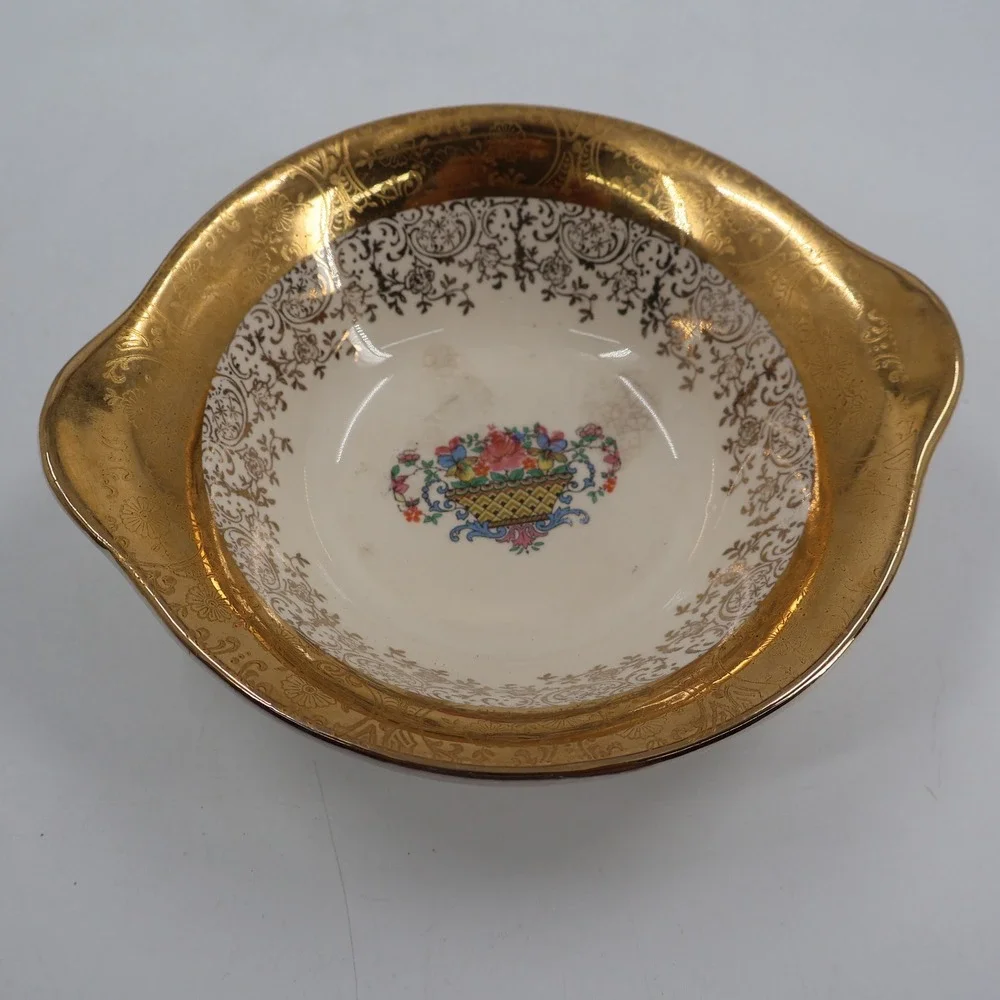 Warranted 22 Karat Gold Encrusted Floral Serving Bowl Vintage Cream 7.25in